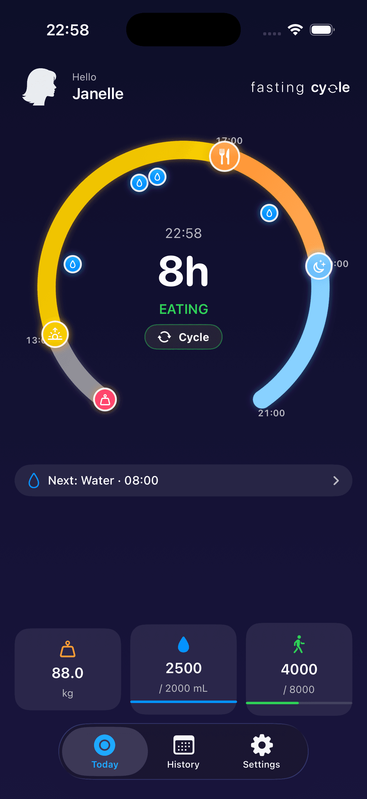 Dark mode — eating window with weight, water, and steps.