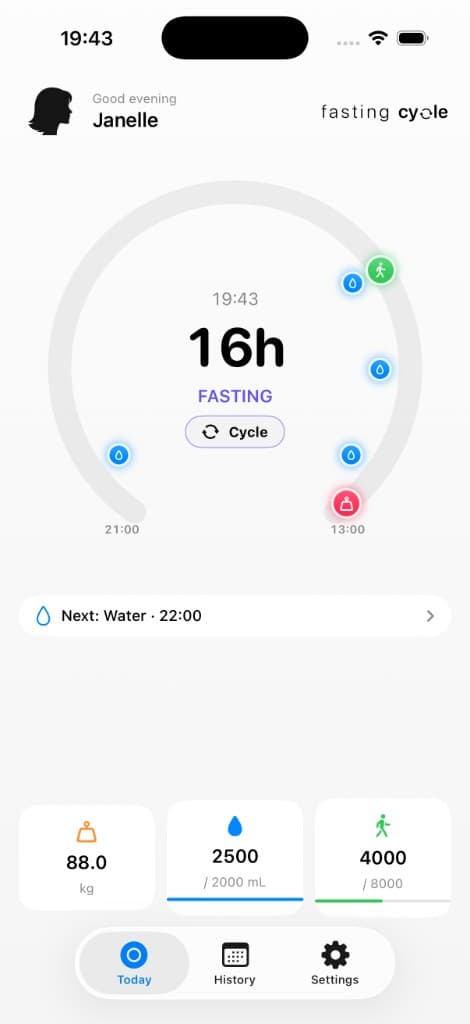 Fasting phase — 16h countdown, calm and at a glance.