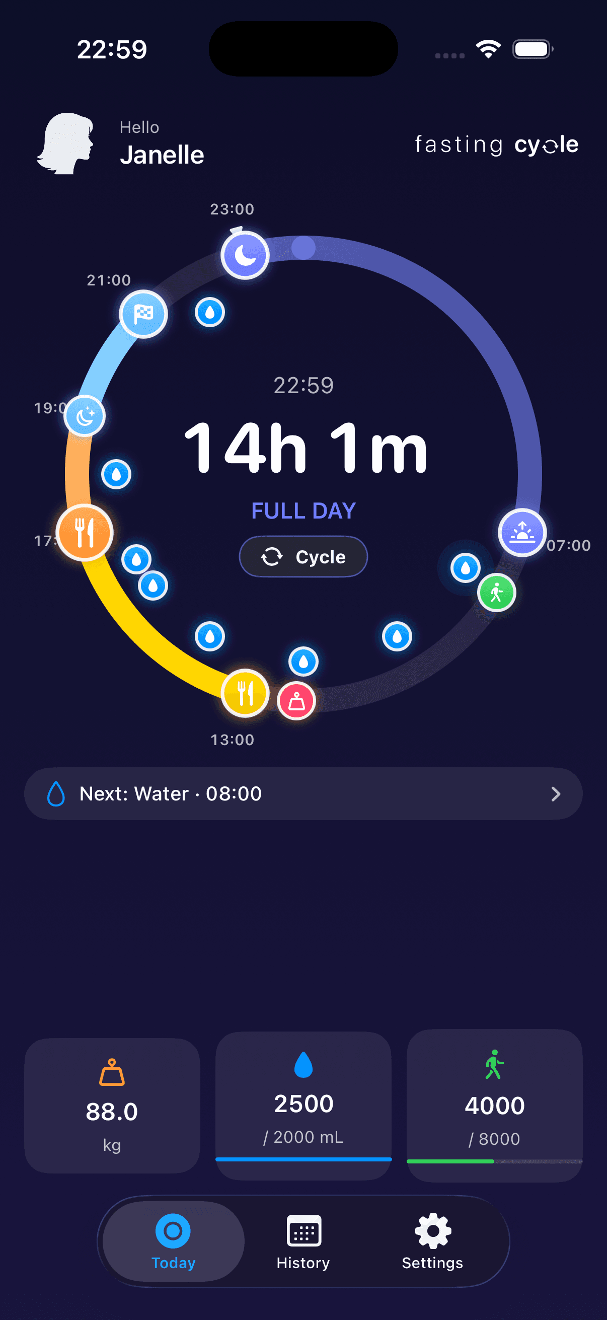 Dark mode — the full-day circle with every log in place.